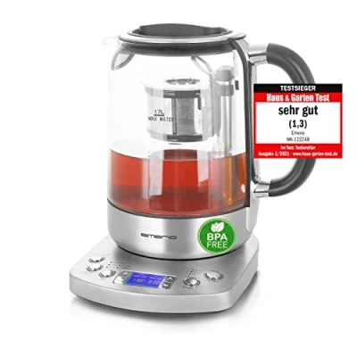 Obrázek Emerio WK 122248 Skleněná čajová konvice Vítěz testu s poznámkou 1. 3 plně automatické sítko na čaj sklápění borosilikátové sklo bez BPA 1,7 l objem Výběr teploty 2200 W černá/stříbrná