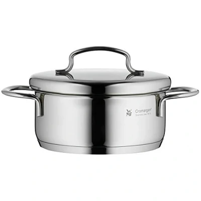 Obrázek WMF hrnec na vaření Ø 12 cm cca 0,7l mini stohovatelný nalévací okraj kovové víko Cromargan ušlechtilá ocel leštěná vhodná pro indukční desku do myčky nádobí