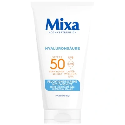Obrázek Mixa UV 50 Hydrating Care, pro citlivou pokožku, ochrana před UVB + UVA Long UVA, SPF 50, s kyselinou hyaluronovou, vhodné obličej a krk, hypoalergenní, ml