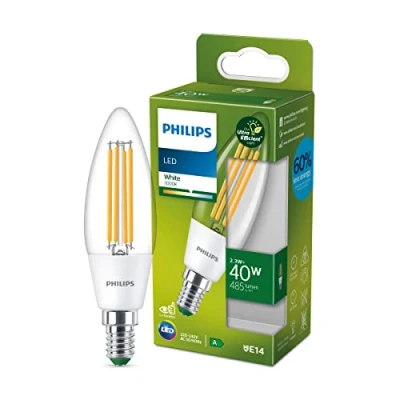 Obrázek Philips Klasická LED (štítek A) lampa ve tvaru svíčky nahrazuje 40 W, E14 patice, čirá, teplá bílá (3000 K)