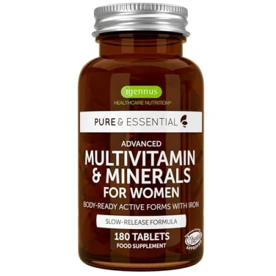 Obrázek Multivitamínové tablety, vitamín pro ženy s extra železem, kyselinou listovou jako folát, zinek, selen a D3, bioaktivní veganské, 180 tablet, 3 měsíční zásoby, od Igennus