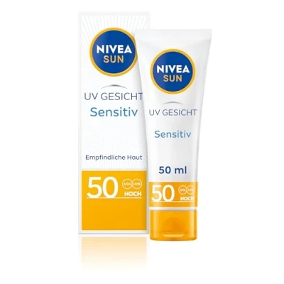 Obrázek NIVEA SUN UV Face Sensitiv Ochrana proti slunci LSF 50 (50 ml), krém na obličej bez parfému s pro citlivou pokožku, okamžitě účinný opalovací zklidňuje podráždění pokožky