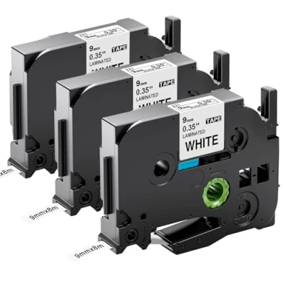 Obrázek Upwinning kompatibilní s Brother P touch pásky 9 mm bílé TZe 221 9mm x 8m, jako náhrada pro páska TZ Tape 0. 35 TZe221 Ptouch H105 H100LB H107B 900 1000 1280, 3 balení