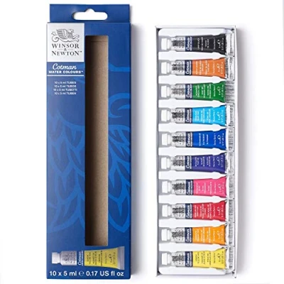 Obrázek Winsor &amp; Newton 390664 Cotman sada akvarelových barev, vynikající transparentnost, barevná síla a vlastnosti zpracování pro živé barvy začátečníky 10 barev v 5 ml tubách