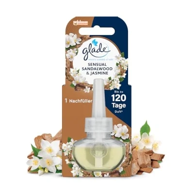 Obrázek Glade electric scented oil náhradní náplň, elektrická pokojová vůně s vonným olejem, sensual santalové dřevo a jasmín, 1 balení (1 x 20 ml)