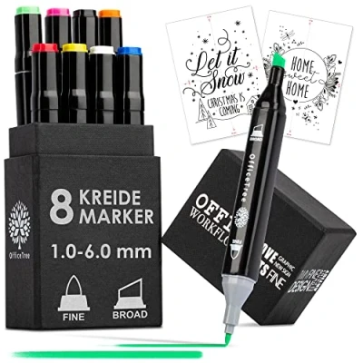 Obrázek OfficeTree 8 x křídový popisovač pestrý křídové popisovače na okna předlohy tabuli omyvatelné pastelky okno děti včetně 2 předloh k malování jako stažení