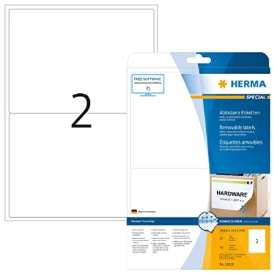 Obrázek HERMA 10020 Univerzální etikety odstranitelné, 25 listů, 199,6 x 143,5 mm, 2 pro arch A4, 50 kusů, samolepicí, potištěné, matné, prázdné papírové lepicí etikety, bílé