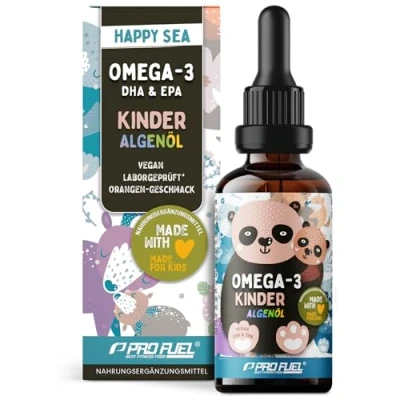 Obrázek omega 3 Vegan pro děti (50 ml) DHA a EPA řasový olej s 250 mg 130 denně lahodná pomerančová příchuť laboratorně testováno certifikátem zásoba na 62 dní 100% veganské