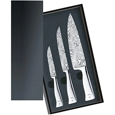 Obrázek WMF sada damaškových nožů Grand Gourmet 3, nože z damascenské oceli, 120vrstvé, ocelová střenka, technologie Performance Cut, 3dílná v dřevěné kazetě, vyrobeno Německu