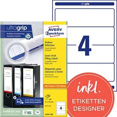 Obrázek AVERY Zweckform L4761 100 etikety na hřbety pořadačů (400 štítků hřbetu s ultra gripem, 61 x 192 mm A4, široké/krátké, samolepicí, absolutně neprůhledné, potištěné pořadače)