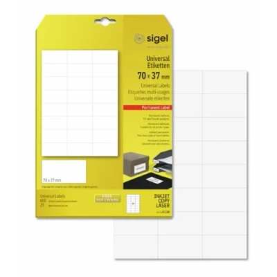 Obrázek SIGEL LA138 univerzální etikety samolepicí, potiskovatelné, bílé, 70 x 37 mm, 600 etiket = 25 listů