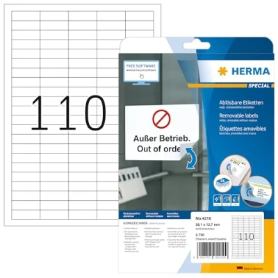 Obrázek HERMA 4210 univerzální etikety odstranitelné, 25 listů, 38,1 x 12,7 mm, 110 na arch A4, 2750 kusů, samolepicí, potisknutelné, matné, prázdné papírové lepicí samolepky, bílé