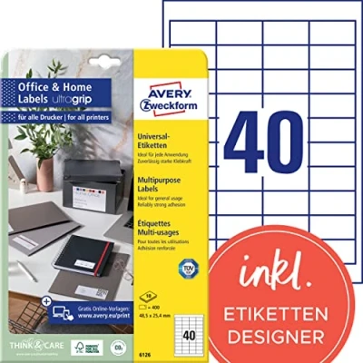 Obrázek AVERY Zweckform 6126 adresní nálepky (400 lepicích štítků, 48,5 x 25,4 mm na A4, potištěné univerzální etikety, samolepicí štítky s ultragripem, ideální pro HomeOffice) 10 listů, bílé