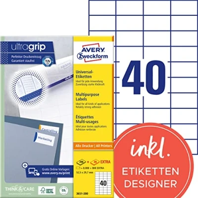 Obrázek AVERY Zweckform Univerzální etikety 3651 200 (8 000 plus 800 samolepicích etiket navíc, 52,5 x 29,7 mm na A4, papír matný, individuálně potisknutelný, samolepicí nálepka s ultragripem) 220 listů,