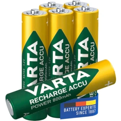 Obrázek VARTA Baterie AAA, nabíjecí, 6 kusů, akumulátor Recharge, 800 mAh Ni Mh, bez paměťového efektu, přednabité, okamžitě připravené k použití
