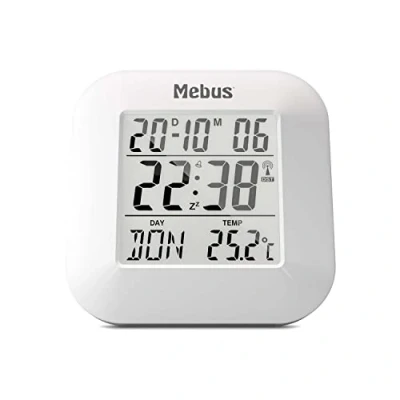 Obrázek Mebus digitaler Funk Wecker mit Thermometer, Datumsanzeige und Beleuchtung, Snooze Funtion, Kunststoff, Weiß, 8 x 8,5 1,8 cm