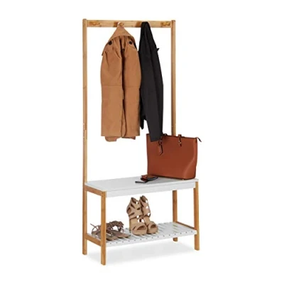Obrázek Relaxdays Šatní stojan s regálem na boty, 4 háčky šaty, odkládací plochou, bambus a MDF, V x Š H 150 70,5 30 cm, přírodní bílá