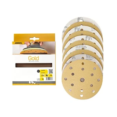 Obrázek Mirka Univerzální brusný papír Gold Ø 150 mm Brusné kotouče Suchý zip 15 otvorů, zrnitost P80, 10 ks / K broušení sádry, špachtle, dřevotřísky, dřeva, laku