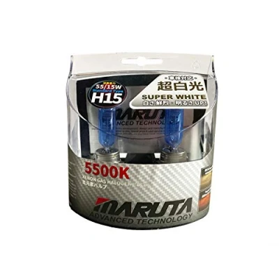 Obrázek MARUTA Super WHITE H15 12V 55/15W halogenová žárovka pro dálkové a denní svícení, 5500K xenonový efekt, trvanlivá xenonová plynová s vysoce kvalitním křemenným sklem homologací silniční