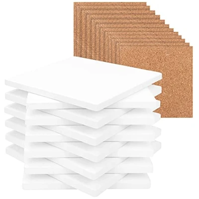 Obrázek Belle Vous Čtvercové bílé keramické tácky (12 ks) 10 x cm neglazované dlaždice podtácky polotovary &amp; korku pod hrnec, sklenice, šálky, akrylový odlitek, alkoholový inkoust a