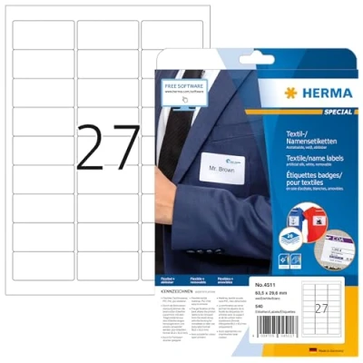 Obrázek HERMA 4511 jmenovek lze odlepit, 20 listů, 63,5 x 29,6 mm, 27 na arch A4, 540 kusů, samolepicí, potiskovatelné, beze zbytku odstranitelné acetátové hedvábí nálepky se jménem, bílé
