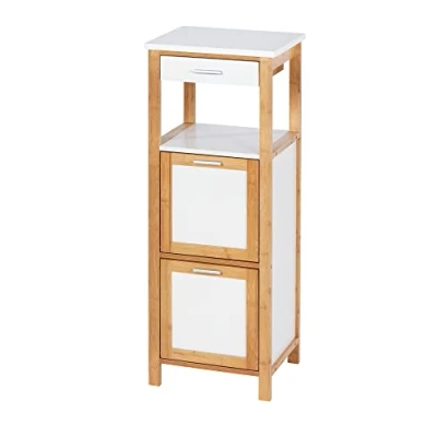 Obrázek WENKO Regal Mod. Finja, Badezimmer Schrank mit 2 Ablagen, verschließbaren Fächern &amp; Schublade aus naturnahem Bambus und MDF, Hochschrank für den gesamten Haushalt, 34 x 89 30 cm, Weiß/Natur