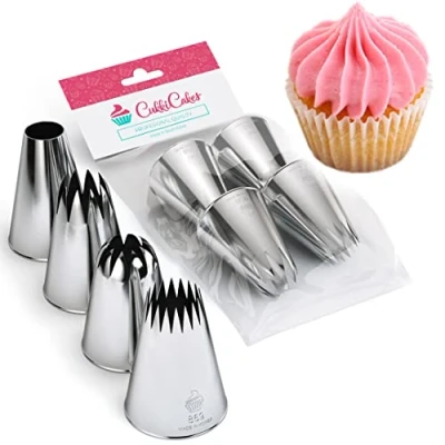 Obrázek CukkiCakes 4er Set Profi Spritztüllen große (XL) (849, 869, 829 und 808) zum Dekorieren von Torten, Cupcakes, Churros, Krapfen Tüllen kompatibel mit Spritzbeutel/Spritzsack Made in Korea