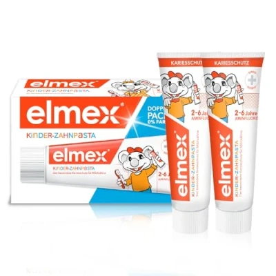 Obrázek elmex Dětská zubní pasta 2 6 let 2x50 ml čištění zubů vhodné pro děti vysoce účinnou ochranu zubního kazu s aminfluoridem trojitý ochranný mechanismus