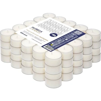 Obrázek Horeca Candles 100 Theelichter Premium 8 Brennstunden Weiß Kunststoffhülle im Beutel Set mit Stück Unparfümiert Transparenter Hülle Teelichte