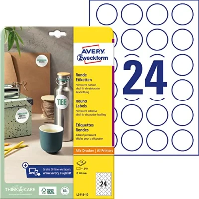 Obrázek AVERY Zweckform Kulaté etikety L3415 10 (240 nálepek na listů, k potisku, samolepicí, Ø 40 mm, A4, lepicí body pro označování dokumentů, produktů) bílé