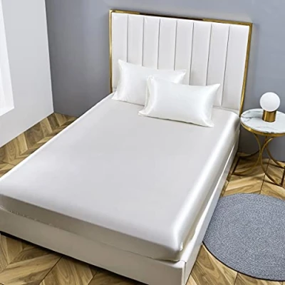 Obrázek Damier napínací prostěradlo 180 x 200 cm bílé saténové hedvábí lesklé Deluxe jednobarevné prostěradlo, vhodné pro matrace do 30
