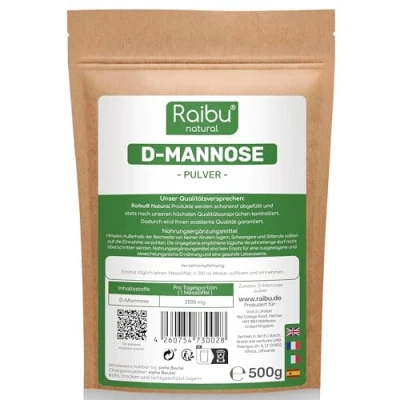 Obrázek D mannosový prášek 500 g (zásoba 8,3 měsíce) manózový plněný v Německu přírodní, veganský a laboratorně testováno extra dávkovací lžíce RAIBU