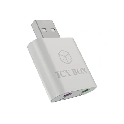 Obrázek Icy Box IB AC527 externí USB zvuková karta / na sluchátka a mikrofon (2x 3,5 mm) adaptér, hliníkový kryt (stříbrný)