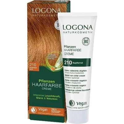 Obrázek LOGONA Naturkosmetik Rostlinná barva na vlasy krémová 210 měděná červená, přírodní s hennou, veganský barevný krém pro trvalé barvení, šetrné barvení lesklé vlasy, 150 ml