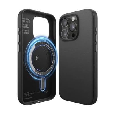 Obrázek elago Magnetické kožené pouzdro kompatibilní s iPhone 15 Pro, MagSafe, prémiová veganská PU kůže, integrované silné magnety, kompletní ochrana [5vrstvá struktura] (černé)