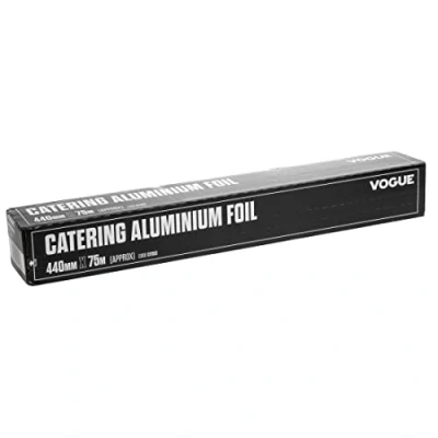 Obrázek Vogue hliníková fólie pro gastronomii 440 mm x 75 metrů, stříbrná, se zoubkovanou hranou, 12 mikronů, role Food Service, prémiová fólie, komerční a soukromé použití, CF353