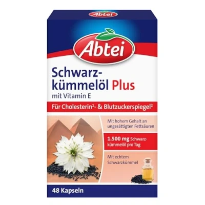 Obrázek Abtei Černý kmín olej Plus s vitaminem E doplněk stravy pro hladinu cholesterolu a cukru v krvi 1 x 48 kapslí