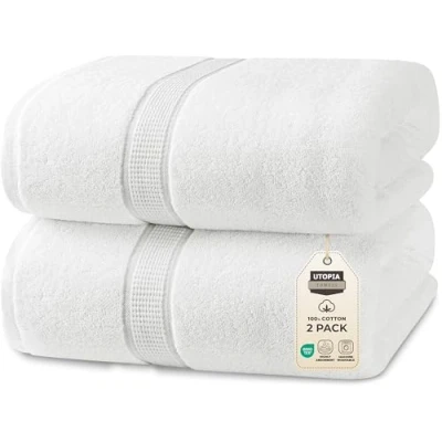Obrázek Utopia Towels 2 velké osušky z bavlny s věšákem, ručníky do sauny, koupelny velké, 90 x 180 cm (bílé)