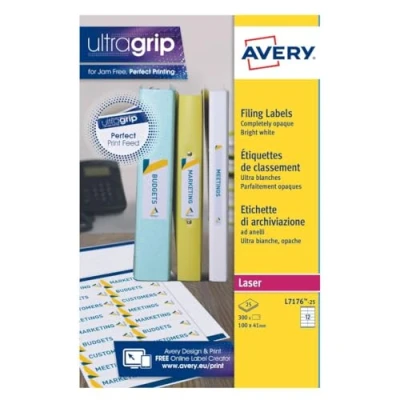 Obrázek Avery L7176 25 pořadačové etikety pro inkoustové paprsky a laser (pro 60mm pořadač, 12 na list, 41 x 100 mm) 300 etiket