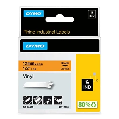Obrázek DYMO Průmyslové vinylové etikety Rhino 12 mm x 5,5 m černé na oranžové samolepicí páska pro a LabelManager popisovací přístroj