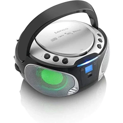 Obrázek Lenco SCD 550 CD přehrávač pro děti Radio stereo analage Boombox MP3 a USB Bluetooth 2 x W RMS výkon Party Lights stříbrná