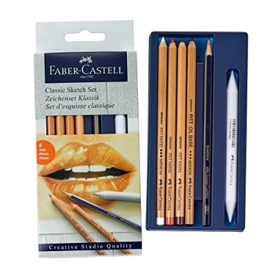 Obrázek FABER CASTELL 114004 Classic Sketch Set, 6dílná sada, s 1 tužkou, Pitt Oil Base, 3 pastelové tužky, papírový mop