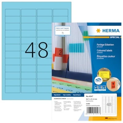 Obrázek HERMA 4547 barevné etikety modré, 100 listů, 45,7 x 21,2 mm, 48 na arch A4, 4800 kusů, samolepicí, potištěné, matné, prázdné papírové štítky