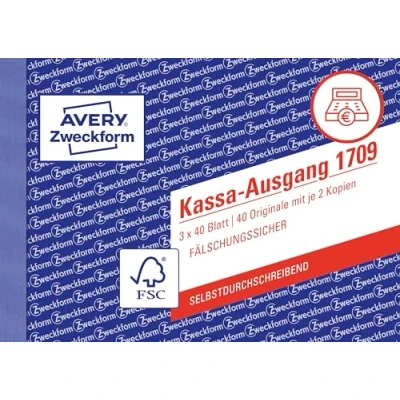 Obrázek AVERY Zweckform 1709 Kassa výstup speciálně pro Rakousko (A6 na šířku, 3 x 40 listů, propisující s barevnými průrazy, tisk dokumentů bezpečný proti falšování) bílá/žlutá/růžová