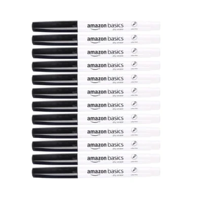 Obrázek Amazon Basics Whiteboard Marker, geruchsarm, ultrafeine Spitze, trocken abwischbar, Schwarz, 12 Stück