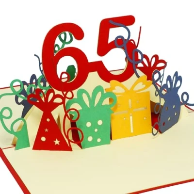 Obrázek LINPOPUP® Pop Up přání ## narozeniny, 3D narozeninové s obálkou, Happy Birthday k narozeninám, dárek pro ženu, kolegyni, jubileum, 65 číslic červené, N226