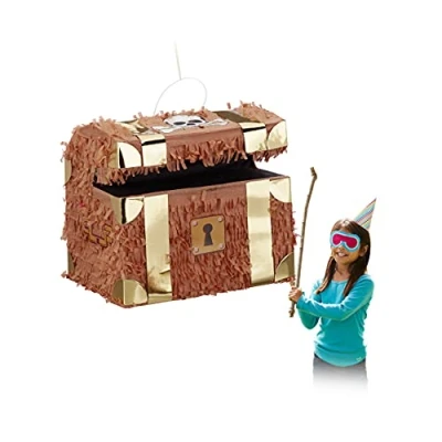 Obrázek Relaxdays Pinata bedna s pokladem, k zavěšení, děti, dívky, chlapce, narozeniny, plnění, V x Š H: 27 30 23 cm, hnědá