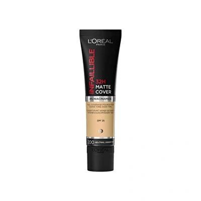 Obrázek L&#039;Oréal Paris Make up, voděodolný a dlouhotrvající, matující, tekutý podklad s vysokou krycí schopností, receptura 4% niacinamidy, Infaillible 32H Matte Cover, č. 200 neutrální, 1 x 30 ml