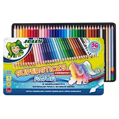 Obrázek JOLLY Pastelky Aqua od Superstick 36 akvarelových pastelek, odolné proti rozbití s náplní 3,8 mm, zesílený dřevěný kabát, ideální pro děti 5 let