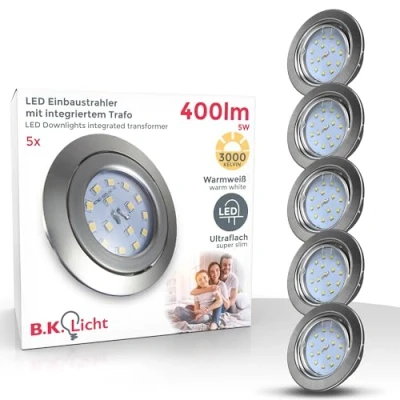Obrázek Vestavný ultra plochý LED zářič od B.K.Licht teplá bílá barva vč. 5 x 5W modulu, 230 V, 400 lumenů otočné vestavné bodovky, vestavná svítidla balení kusů (matná, kulatá, nikl)